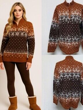 Tally-Ho Vintage 90s Multi-color Knit Snowflake Fair Isle Quarter-Zip Sweater XL